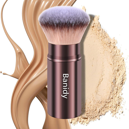 Retractable Kabuki Makeup Brush - Portable Round-Head Face Brush for Foundation, Powder, Blush, and Bronzer - Cruelty-Free with Protective Cover